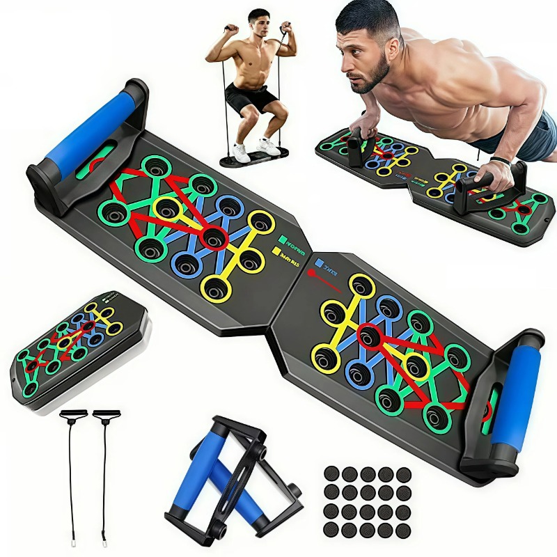 Sports Equipment List - 抵抗バンド付き折りたたみ式プッシュアップボード、多機能プッシュアップバー、ポータブルホームジムトレーニング機器、男性女性向けの胸筋、背中、肩、上腕三頭筋のトレーニングシステム